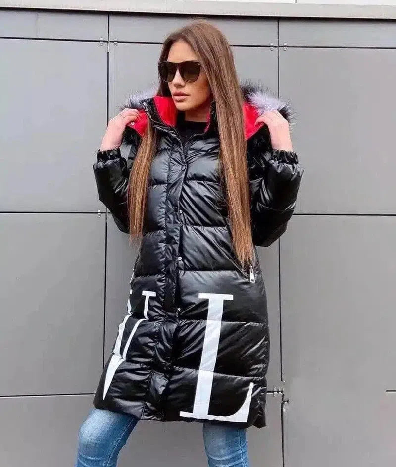 Women's Insulated Winter Coat with Fur Hood-Black-1