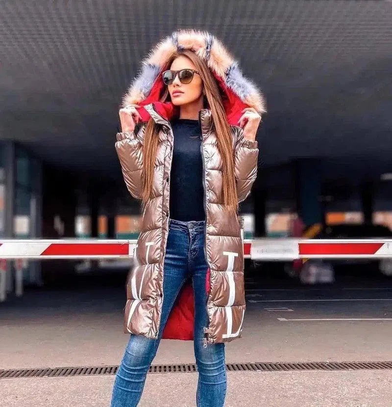 Women's Insulated Winter Coat with Fur Hood-Champagne gold-2