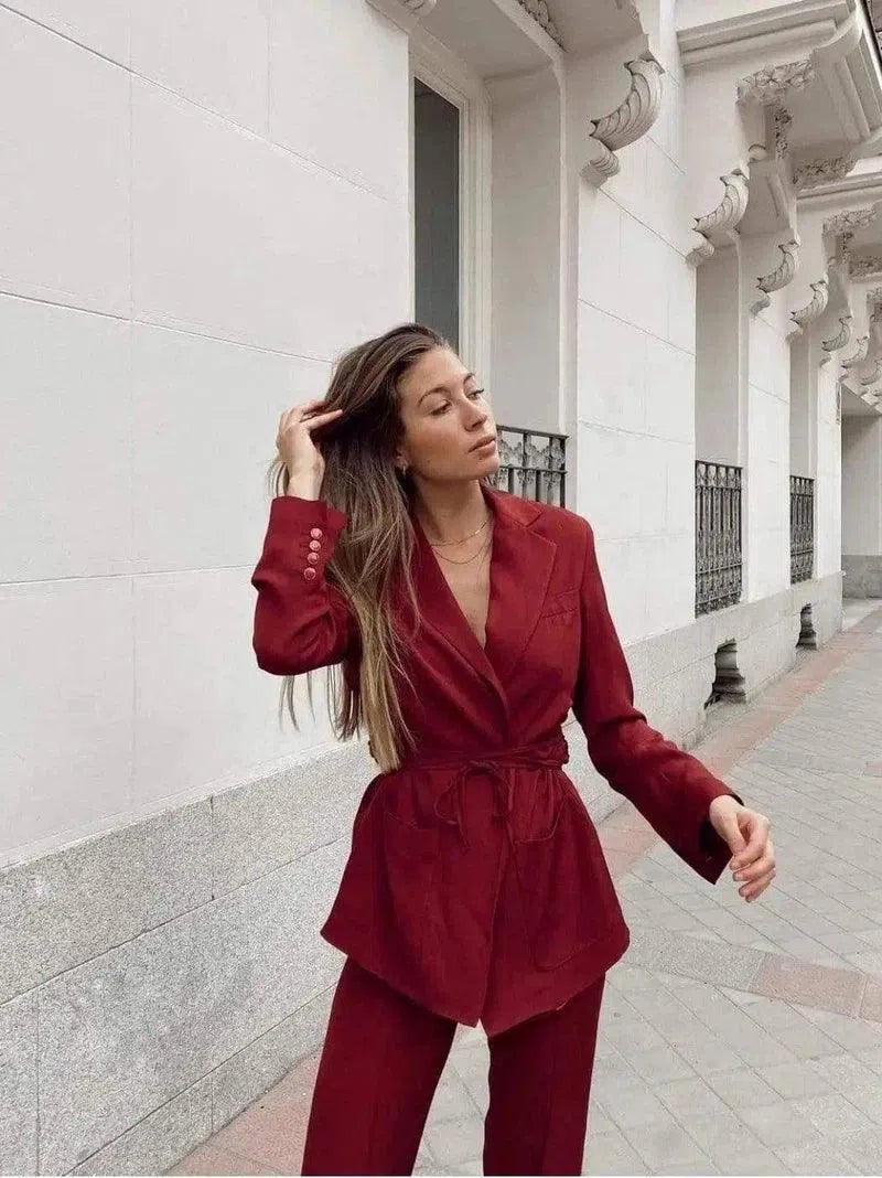 Women's Tailored Business Suit Set-Wine Red-2