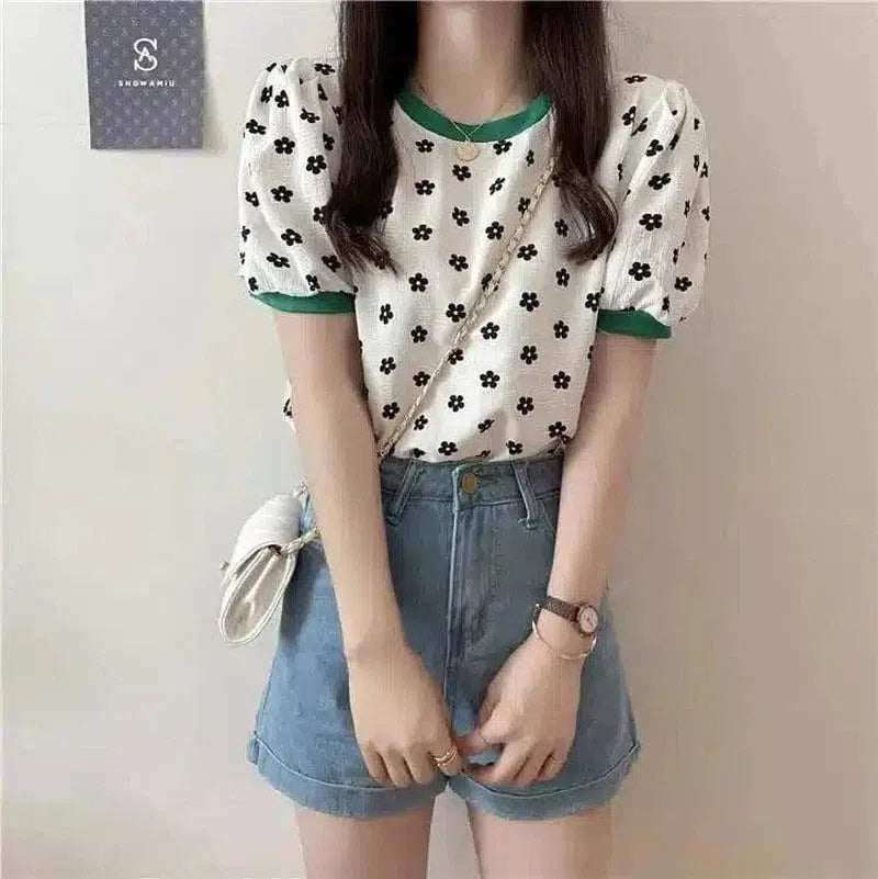 Floral Puff Sleeve Women's Casual Blouse-White-2