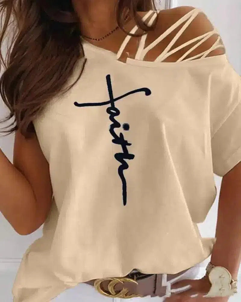Women's Casual Slogan Strappy T-Shirt-Apricot-2