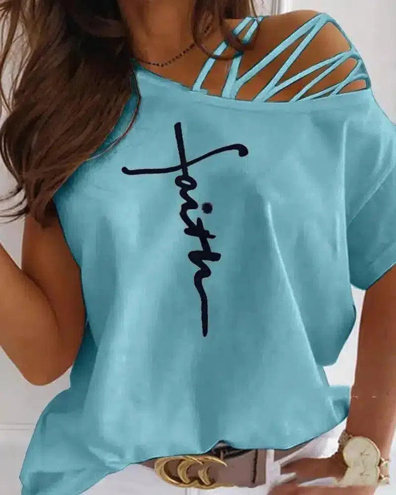 Women's Casual Slogan Strappy T-Shirt-Blue-3