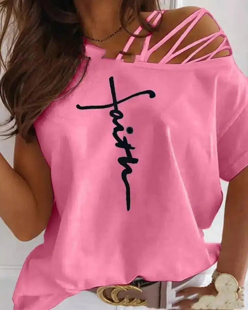 Women's Casual Slogan Strappy T-Shirt-Pink-4