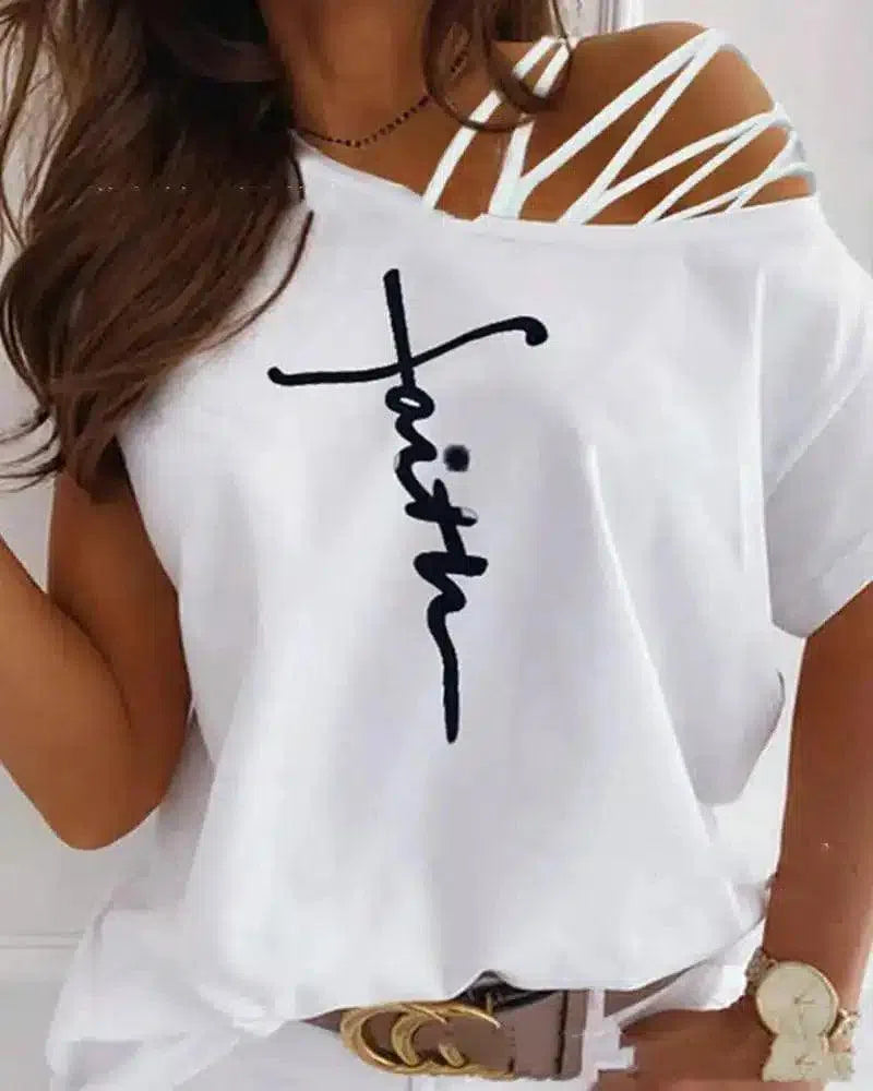 Women's Casual Slogan Strappy T-Shirt-White-5
