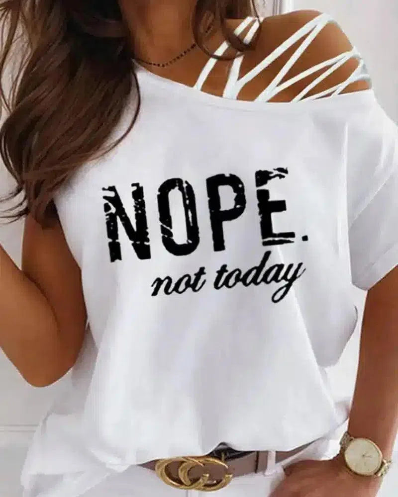 Women's Casual Slogan Strappy T-Shirt-White B-7