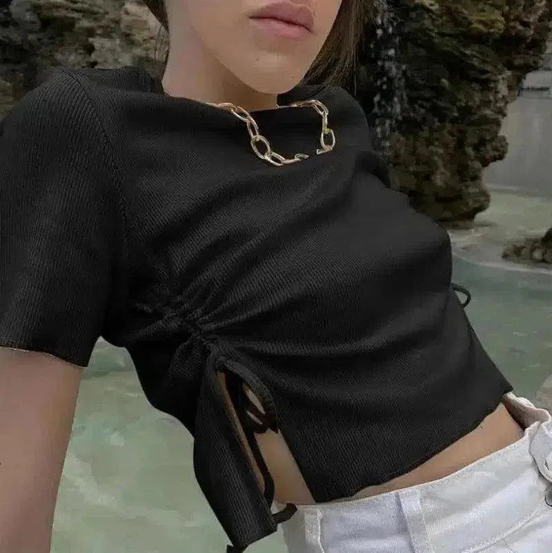 Women's Short Sleeve Tie-Waist Knit Top-Black-2
