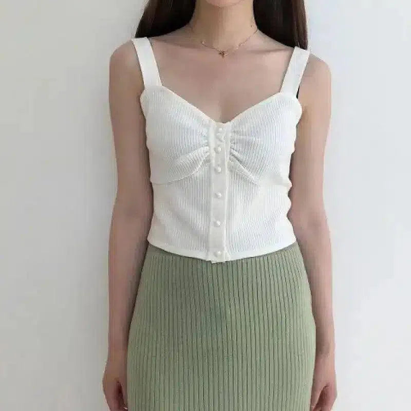Women's Sleeveless Buttoned Crop Top-White-2
