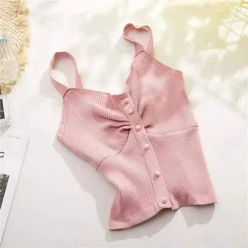 Women's Sleeveless Buttoned Crop Top-Pink-3