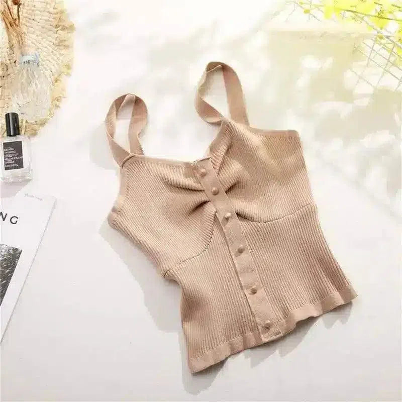 Women's Sleeveless Buttoned Crop Top-Khaki-4