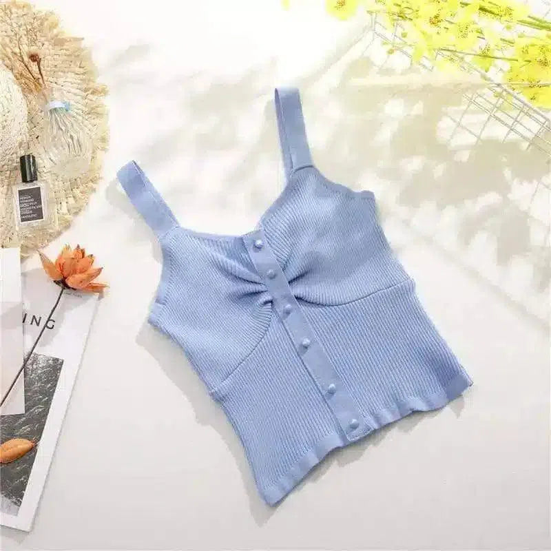 Women's Sleeveless Buttoned Crop Top-Blue-5