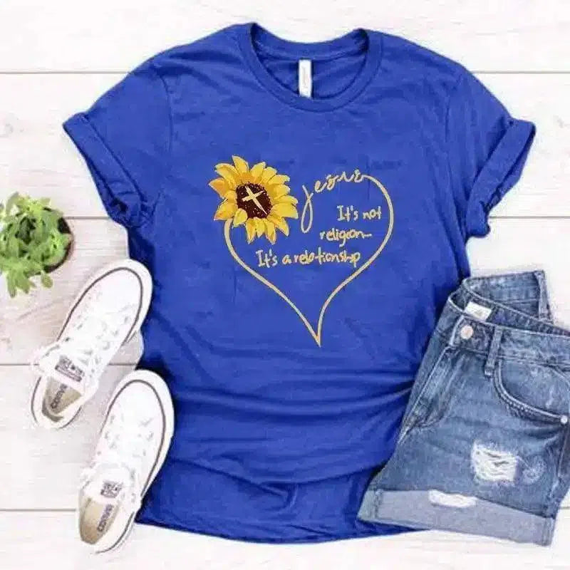 Women's Floral Graphic T-Shirt with Motif-Blue-10