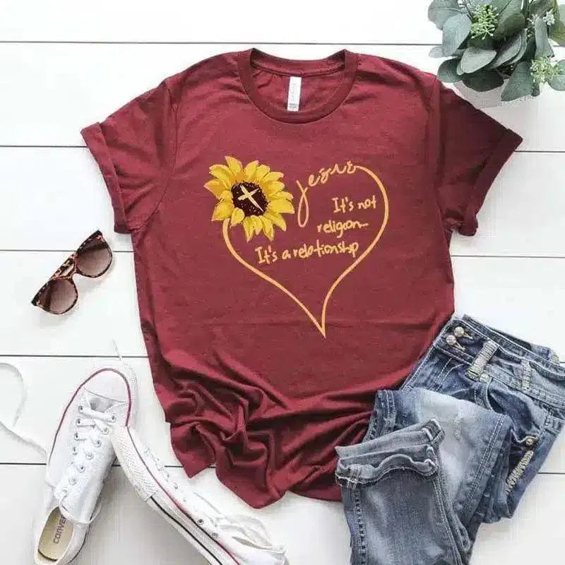 Women's Floral Graphic T-Shirt with Motif-Wine Red-11