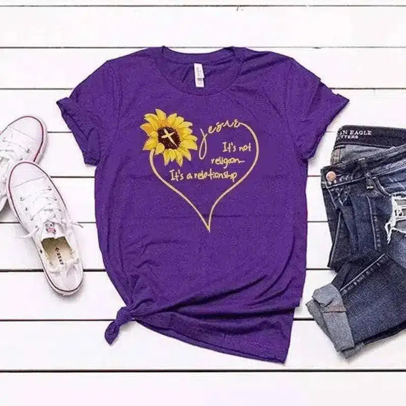 Women's Floral Graphic T-Shirt with Motif-Purple-2