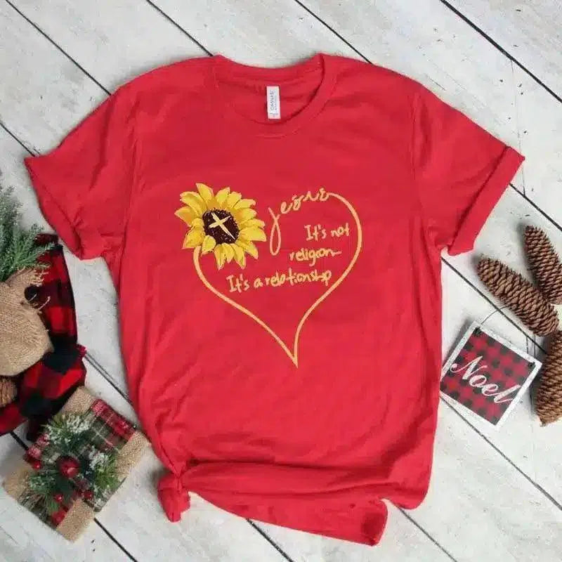 Women's Floral Graphic T-Shirt with Motif-Red-3