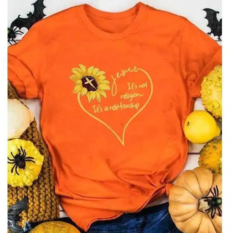 Women's Floral Graphic T-Shirt with Motif-Orange-4