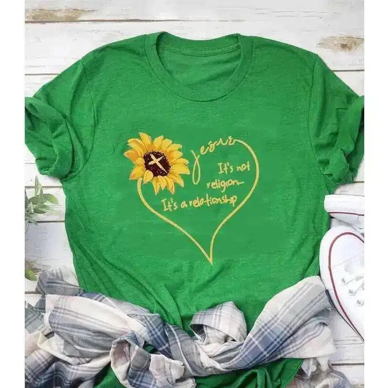 Women's Floral Graphic T-Shirt with Motif-Green-5