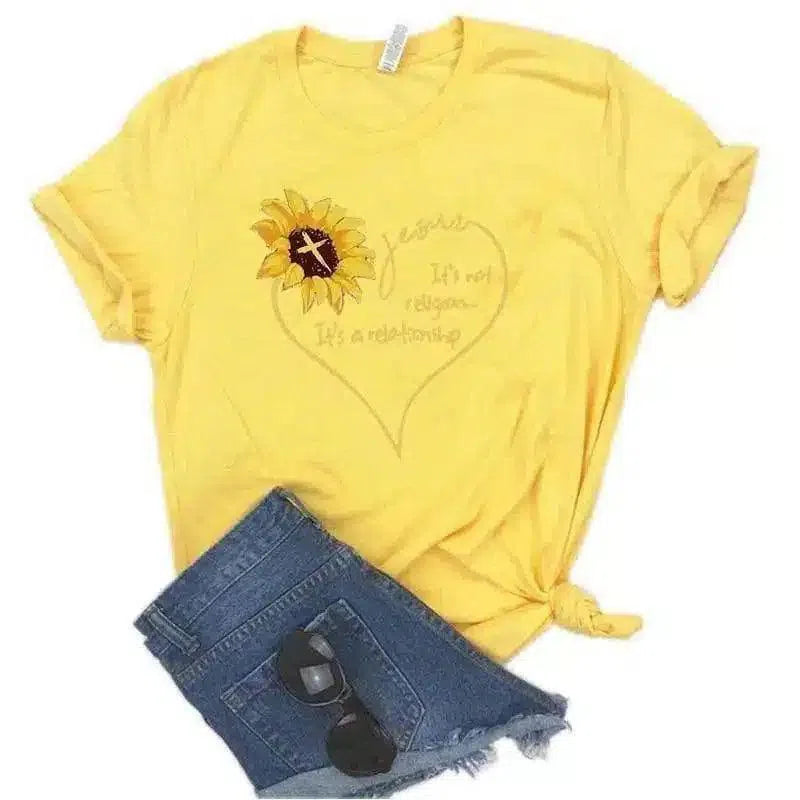 Women's Floral Graphic T-Shirt with Motif-Yellow-6