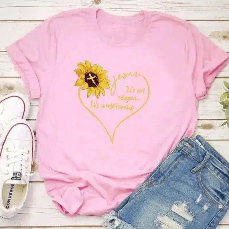 Women's Floral Graphic T-Shirt with Motif-Pink-7
