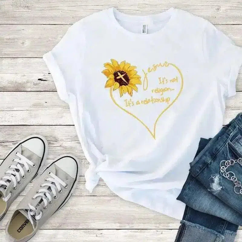 Women's Floral Graphic T-Shirt with Motif-White-8