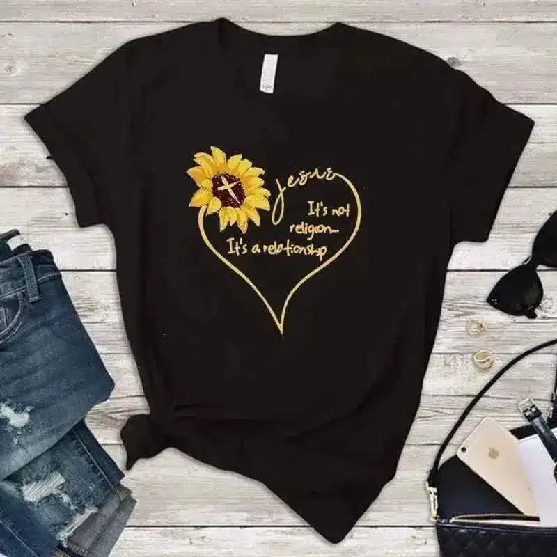 Women's Floral Graphic T-Shirt with Motif-Black-9