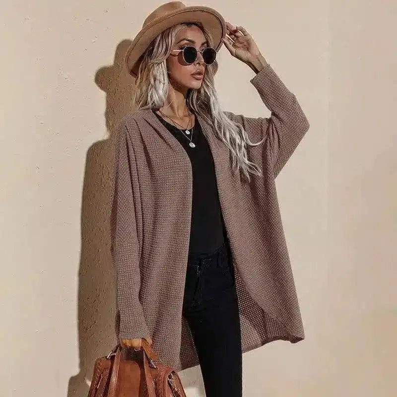 Warm Knit Cardigan with Open Front-Coffee-4