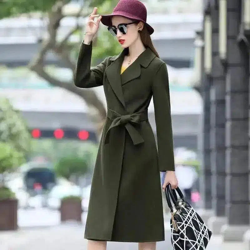 Elegant Women's Belted Wool Coat-ArmyGreen-2