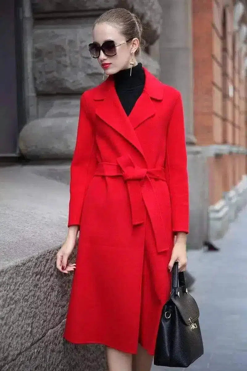 Elegant Women's Belted Wool Coat-Red-3