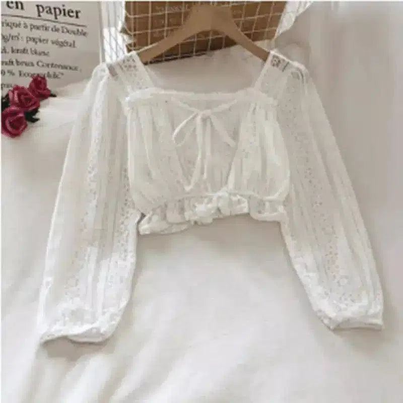 Lace Detail Crop Top with Long Sleeves-White-2