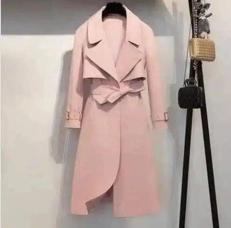 Women's Belted Trench Coat Midi Length-Reb pink-1