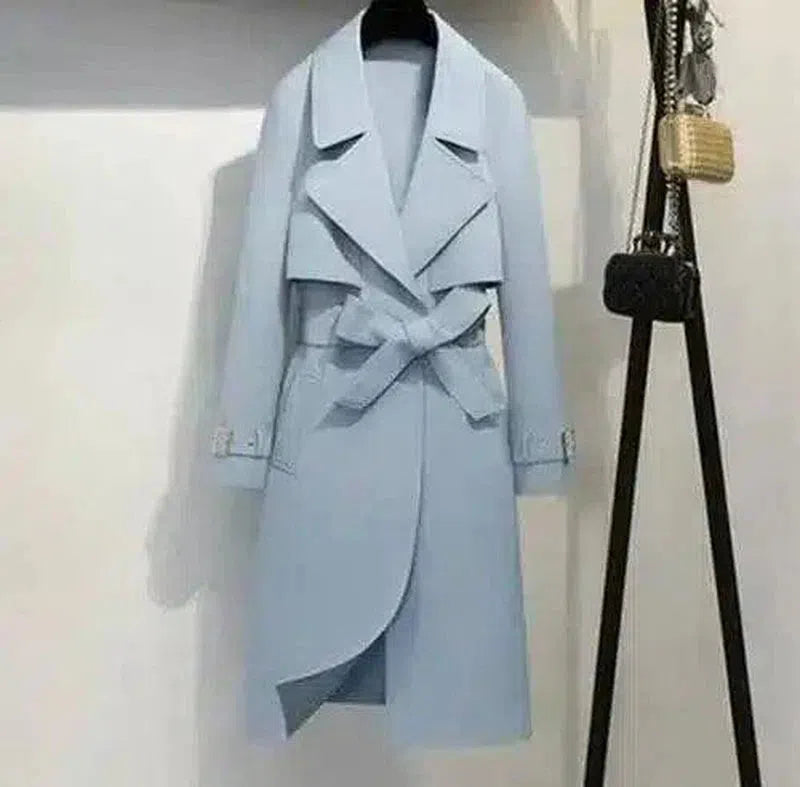 Women's Belted Trench Coat Midi Length-Light blue-2