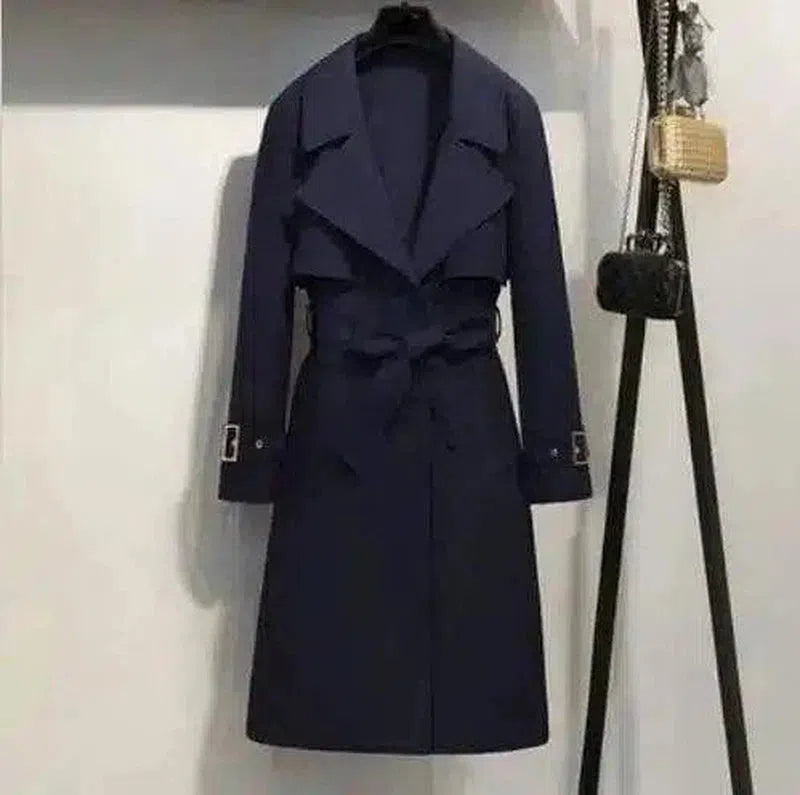 Women's Belted Trench Coat Midi Length-Reb navy-3