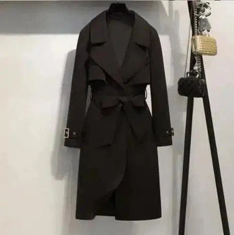 Women's Belted Trench Coat Midi Length-Black-4