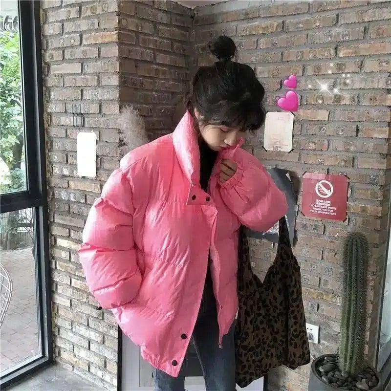 Winter Puffer Jacket with Button Closure-Pink-3