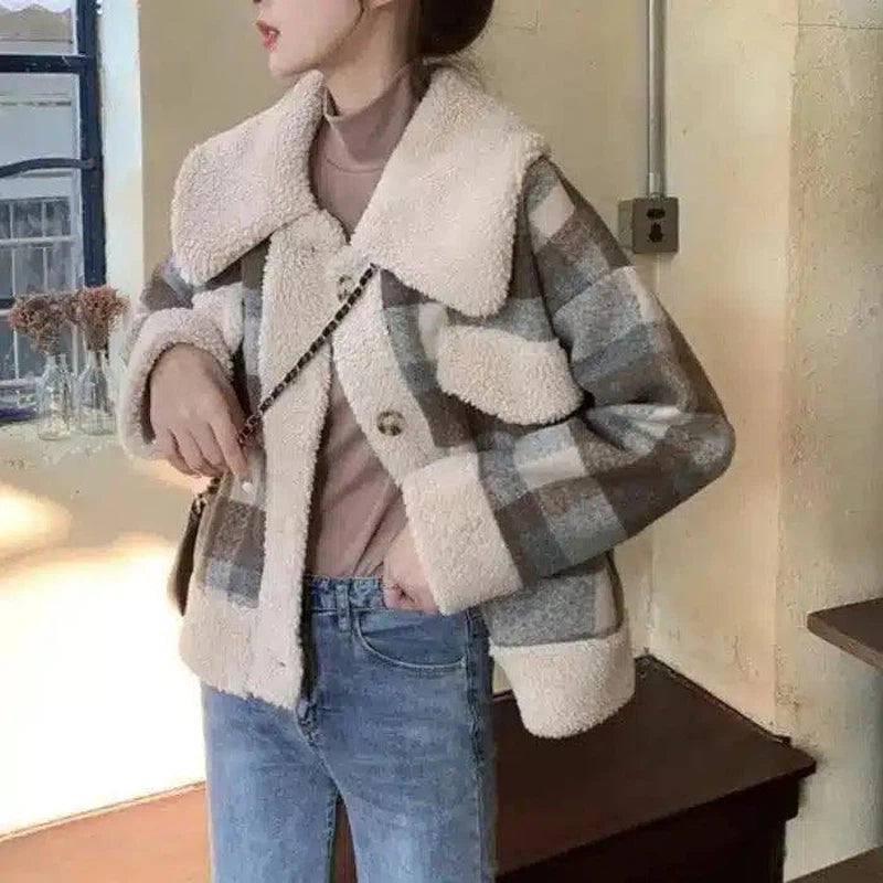 Warm Plaid Women's Jacket with Sherpa Collar-Coat-1