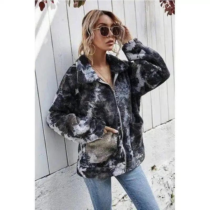 Women's Fuzzy Fleece Zip-Up Jacket-Black-2
