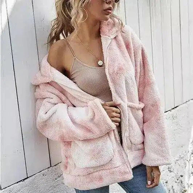 Women's Fuzzy Fleece Zip-Up Jacket-Pink-3