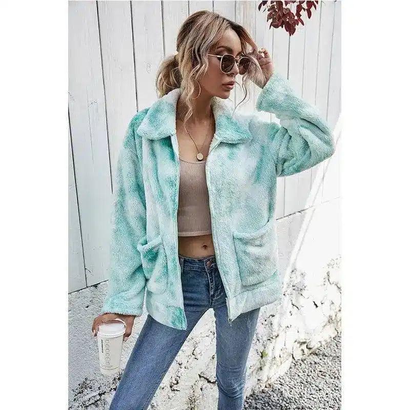 Women's Fuzzy Fleece Zip-Up Jacket-Green-4