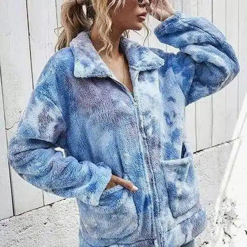 Women's Fuzzy Fleece Zip-Up Jacket-Dark Blue-5