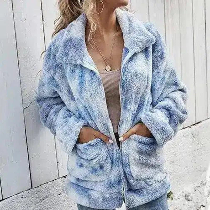 Women's Fuzzy Fleece Zip-Up Jacket-Light Blue-6