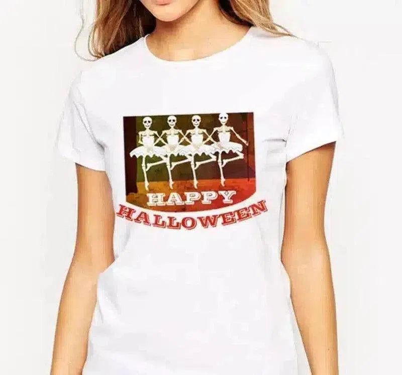 Halloween Skeleton Dance T-Shirt for Festive Wear-white-1