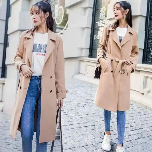 Women's Belted Trench Coat with Lapel Collar-Light brown-1