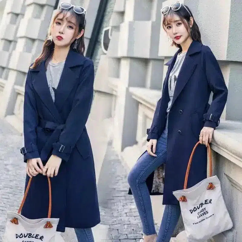 Women's Belted Trench Coat with Lapel Collar-Navy-2