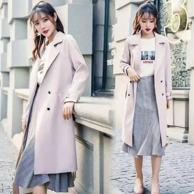 Women's Belted Trench Coat with Lapel Collar-Pink-3