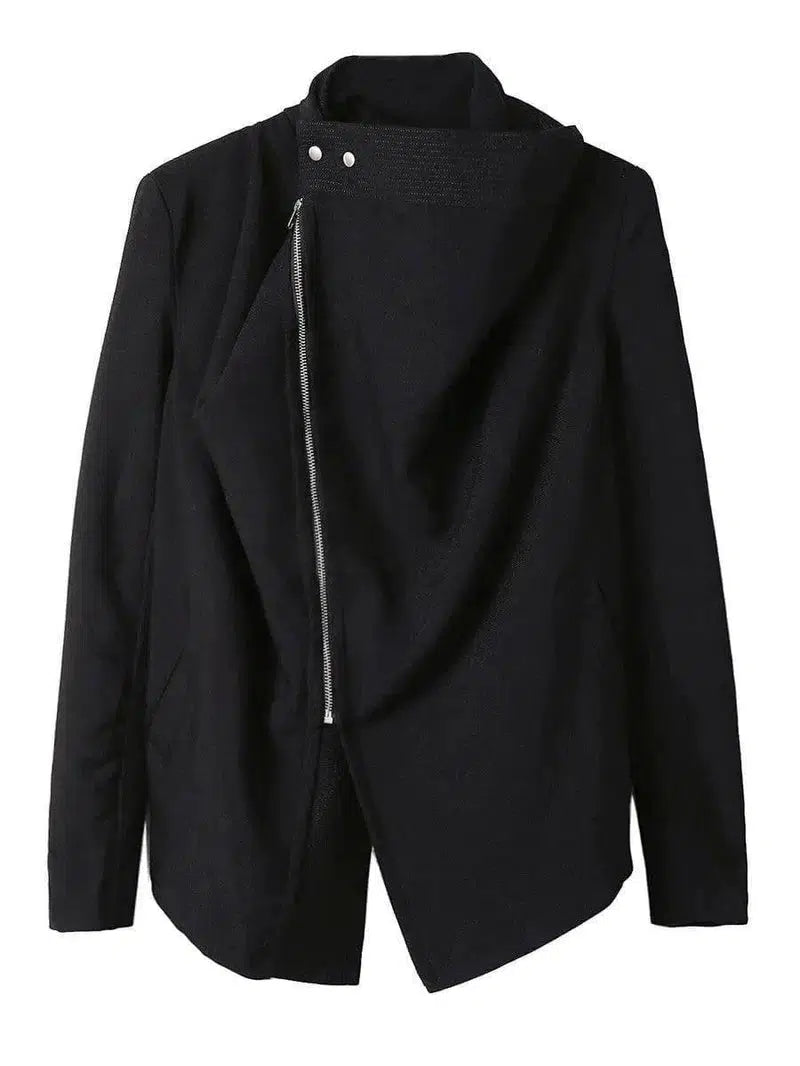Turtleneck Long Sleeve Black Zip Irregular Coat-Black-2