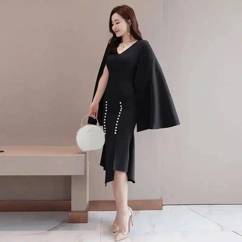 Elegant Women's Cape Dress with Pearl Accents-black-1
