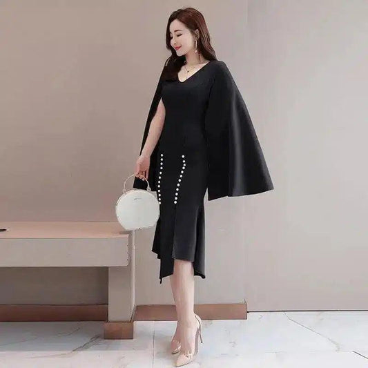 Elegant Women's Cape Dress with Pearl Accents-black-1