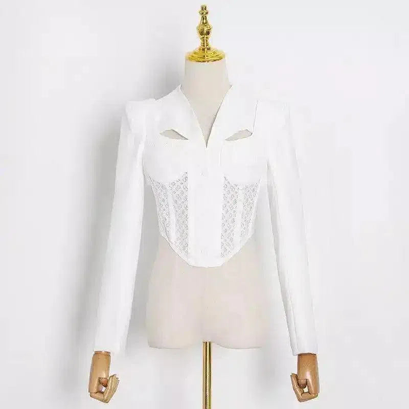Womens Lace Detail Cropped Blazer Jacket-White-2