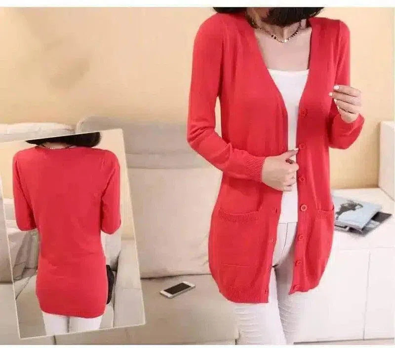 Women's Long Sleeve Buttoned Cardigan Sweater-Watermelon Red-1