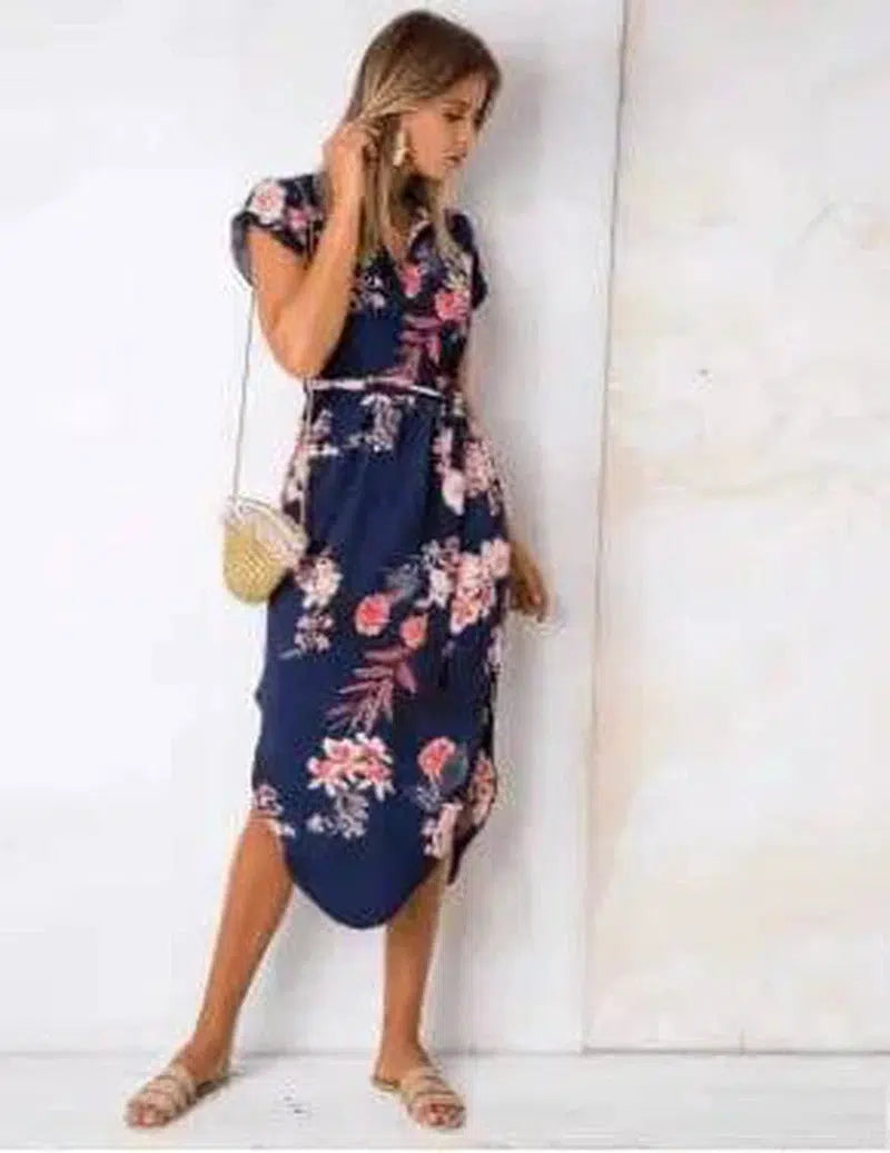V-Neck Printed Dress-L-86