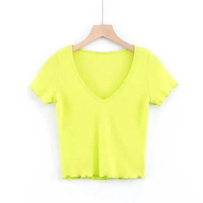 Women's Fitted V-Neck Ribbed Tee-Yellow-5